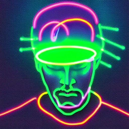 Prompt: the statue of david with a neon ring around the head in a synthwave, digital art, hyper-realistic