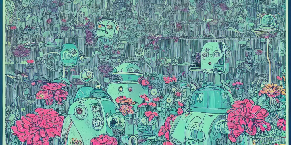 Prompt: vintage grainy scifi style, gigantic robot heads floating above the pool, tiny robots, a lot of exotic flowers and plants, risograph!!!, flat surreal design, super - detailed, a lot of tiny details, fullshot, by codex seraphinianus