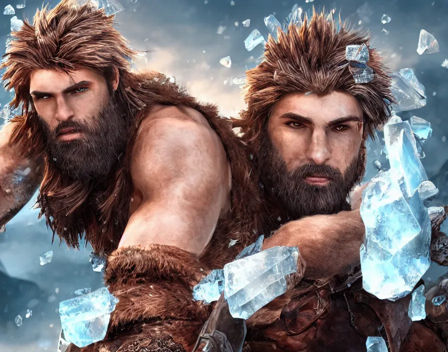 Prompt: one male barbarian face with ice crystal shards, beautiful red eyes, brown hair, brown beard, beautiful graphics, fantasy artwork, very beautiful scenery, hd, hdr, ue 5, ue 6, unreal engine 5, cinematic 4 k wallpaper, 8 k, ultra detailed, by popular digital, details, beautiful image ever created, high resolution, artstation, award winning
