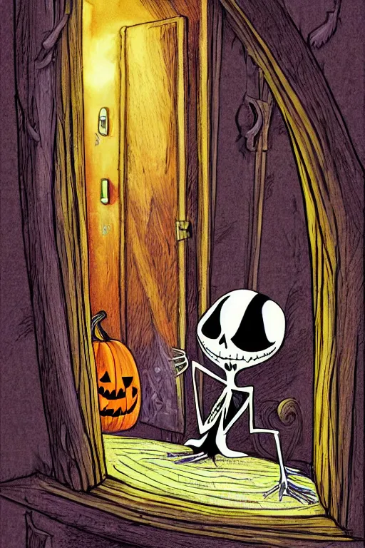 Prompt: illustration for a story that reads : jack skellington, the pumpkin king, was exploring his home one day. he found a door he'd never seen before, and decided to take a peek inside., colorful, fantasy, pixar, childrens book illustration, sharp high detail, manga and anime ( 8 )