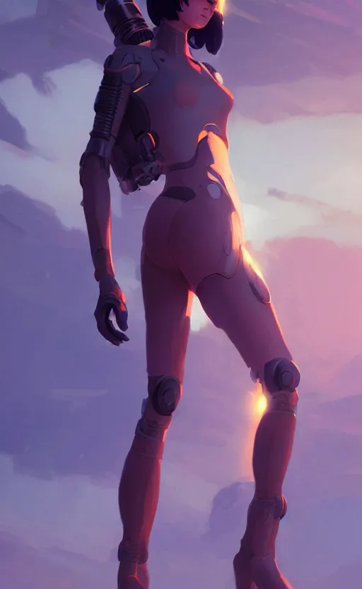 Image similar to sci fi female character, muted colored bodysuit, sci-fi large mechanical boots that go up to the thigh, soft lighting, wojtek fus, by Makoto Shinkai and Ilya Kuvshinov,