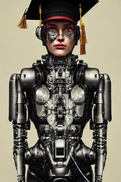 Image similar to a beautiful ultra detailed fine art portrait of a futuristic mechanical cybernetic firefighter cyborg wearing a graduation hat, by tom bagshaw and anna dittman, studio lighting, firefighter, golden ratio composition, 3 5 mm lens, cybernetic scifi, deep depth of field, artstation, 8 k