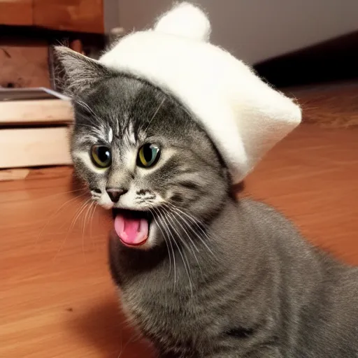 Image similar to cute cat photo licking tongue sticking out, wearing wool hat cat ears