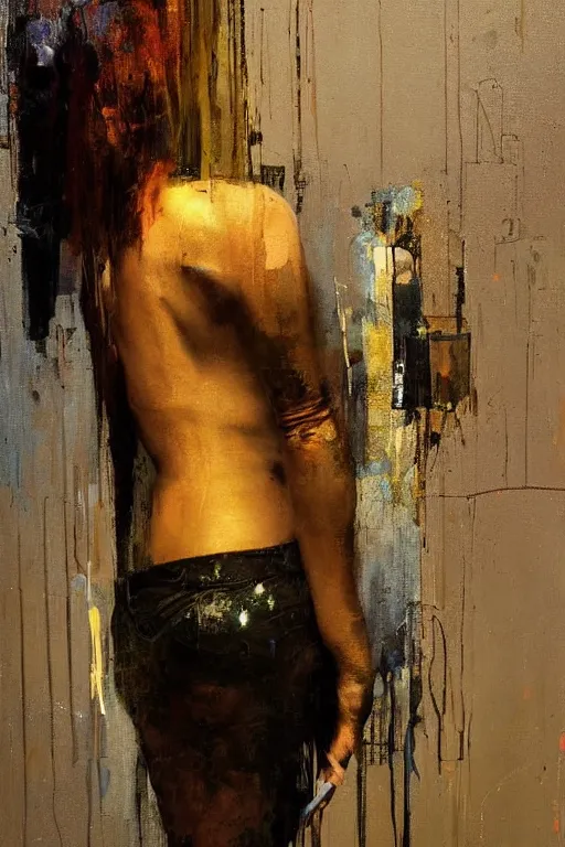 Prompt: a beautiful glitched painting by christian hook of a woman in a bathroom, metal rust and plaster materials, brushstrokes by jeremy mann, still life, dark colors