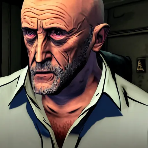 Prompt: Mike Ehrmantraut in the wolf among us, ultra realistic, highly detailed, 4K, 2 colored lighting. extremely interesting