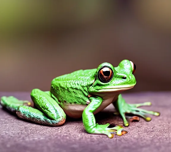 Image similar to photo, cute frog, flay, sitting on a mushroom, various poses, soft light, faded colors, well framed, sharp focus, 8 k