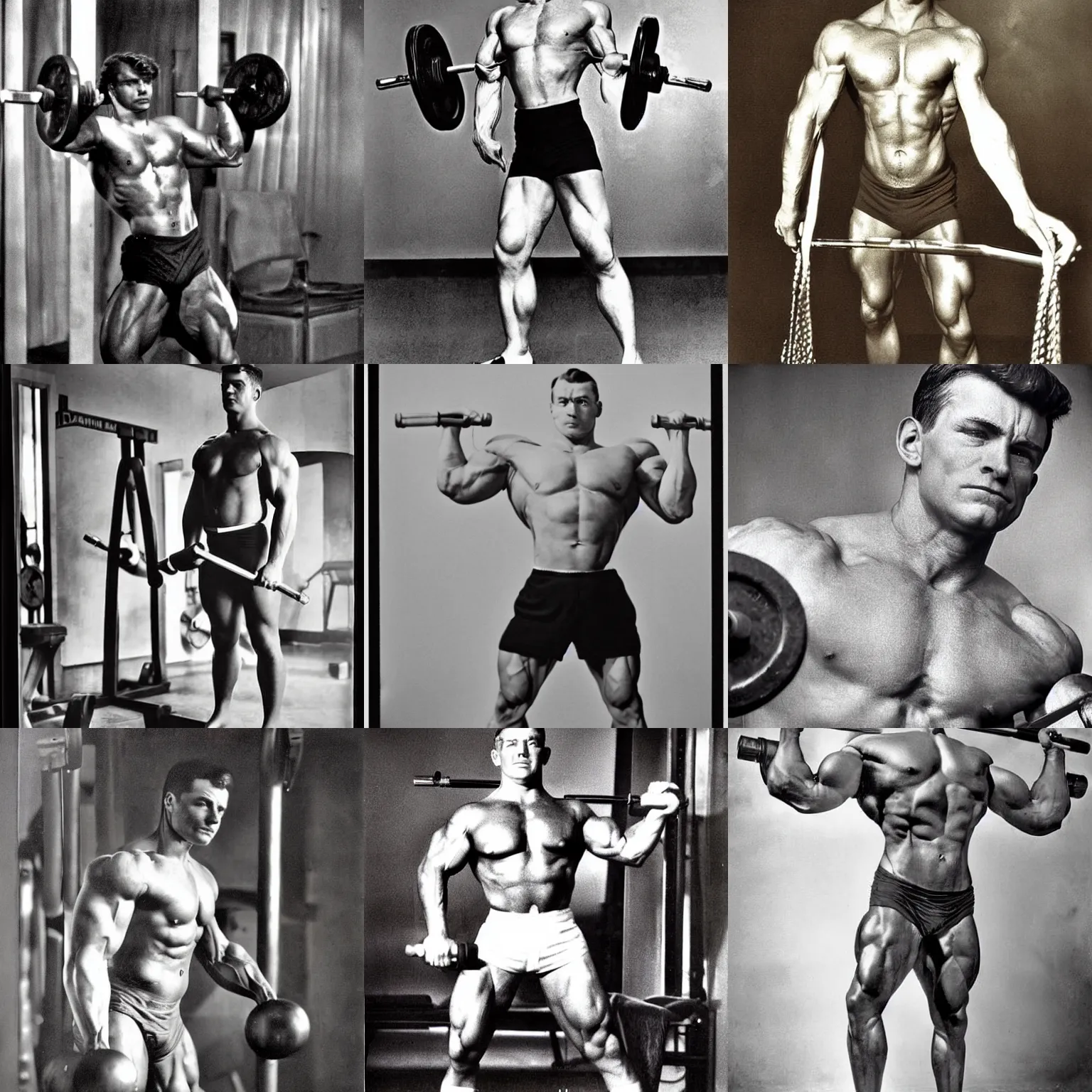 Prompt: real photograph, very muscular male pumping iron, medium portrait, photograph, color vintage