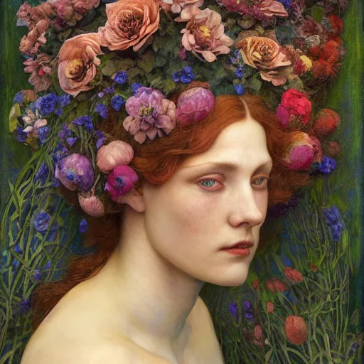 Image similar to queen of flowers, by annie swynnerton and charlie bowater and tino rodriguez and nicholas roerich and jean delville and evelyn de morgan, dramatic lighting, floral tattoos, rich colors, smooth sharp focus, extremely detailed, donato giancola, adolf wolfli