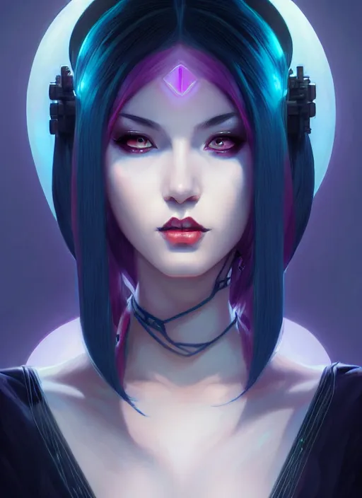 Prompt: portrait of jinx, league of legends, intricate, elegant, highly detailed, digital painting, artstation, concept art, smooth, sharp focus, illustration, illuminated lines, cyberpunk darksynth, by audrey kawasaki and ilya kuvshinov and krenz cushart