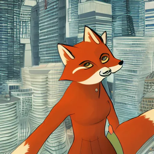 Image similar to an anthropomorphic fox, holding her hands together behind her back staring over a futuristic city from the top of a roof, wide shot, over the shoulder shot, highly coherent, trending on furaffinity