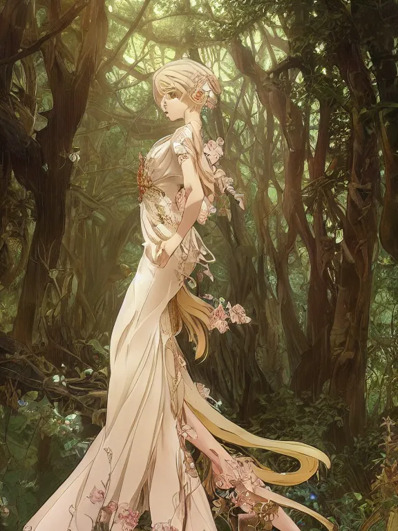 Image similar to anime key visual of leda with her back to the camera wearing a gown designed by monique lhuillier!! intricate, magical forest, stunning, highly detailed, digital painting, artstation, smooth, hard focus, illustration, art by artgerm and greg rutkowski and alphonse mucha