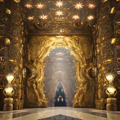 Image similar to the grand magical entrance, marbme floors, art by kotaro chiba, volumetric lighting, epic composition