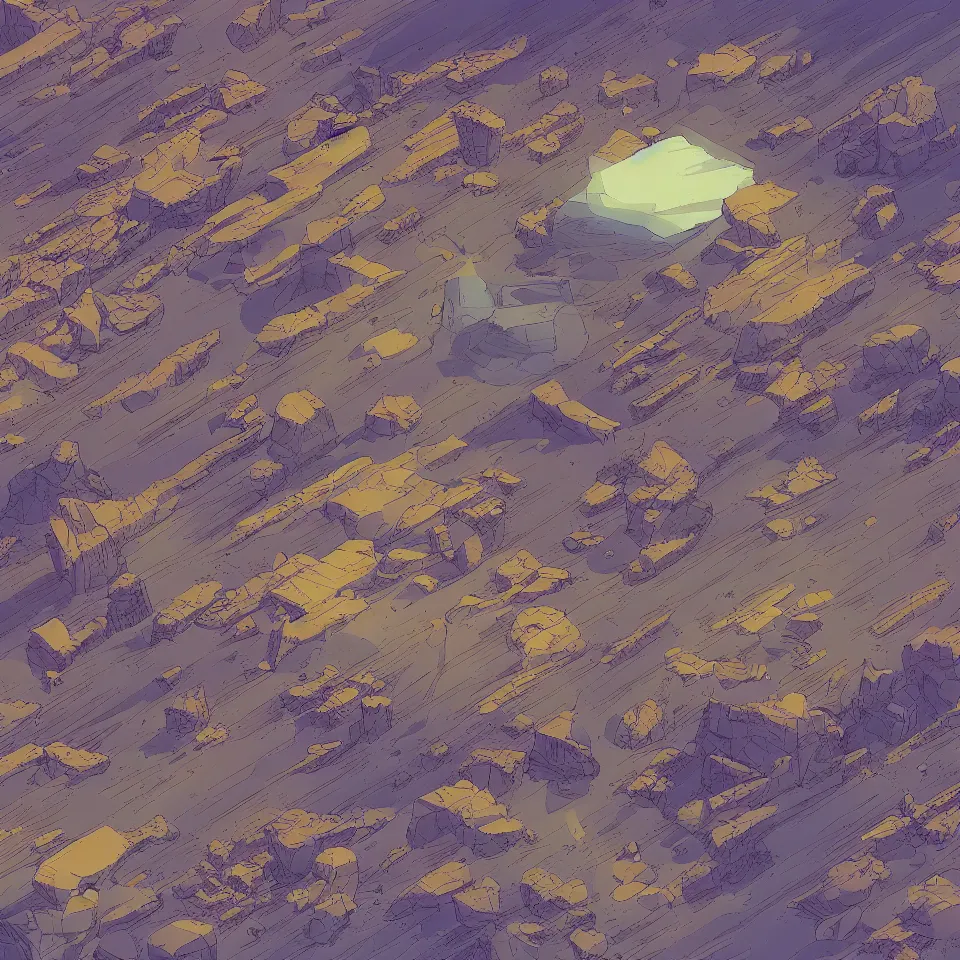 Prompt: a high high perspective landscape of a barren alien world. isometric perspective. sandy plain, junk strewn about. science fiction art. moebius