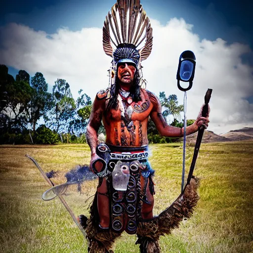 Prompt: Maori warrior on ancient steam punk hooverboard by david lachapelle