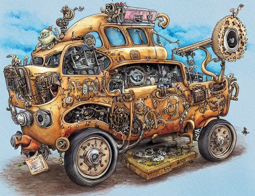 Prompt: cute and funny, a steampunk car with a cabin on top, ratfink style by ed roth, centered award winning watercolor pen illustration, isometric illustration by chihiro iwasaki, edited by range murata, tiny details by artgerm and watercolor girl, sharply focused