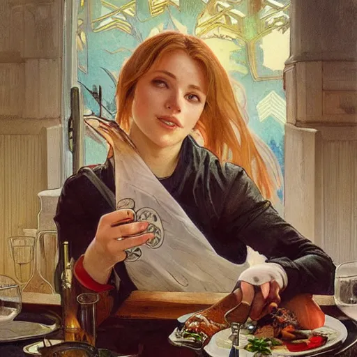 Prompt: journalist in oslo eating a trout, art by artgerm, greg rutkowski and alphonse mucha