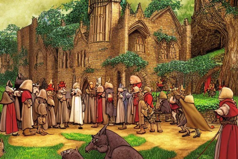 Prompt: an elaborate and dense scene from redwall abbey by brian jacques