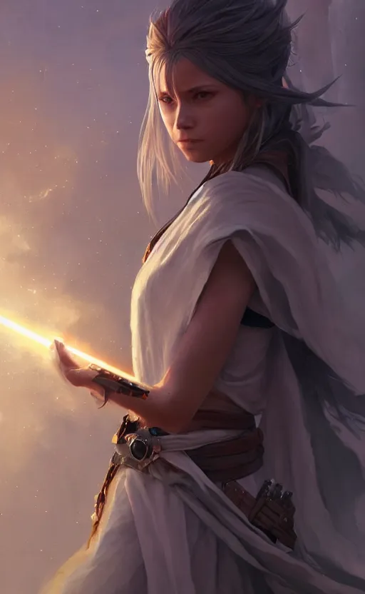 Image similar to a girl from final fantasy live action, jedi warrior, evocative, mystical night, very very very very detailed, award winning, masterpiece digital painting by greg rutkowski, alex grey, artstation, 4 k wallpaper