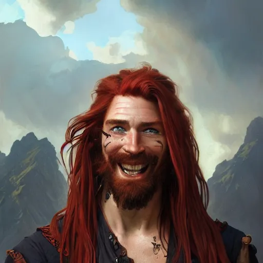 Image similar to portrait of a young ruggedly handsome but joyful pirate, male, masculine, upper body, crimson hair, long long flowing hair, fantasy, smug smirk, intricate, elegant, highly detailed, digital painting, artstation, concept art, matte, sharp focus, illustration, art by artgerm and greg rutkowski and alphonse mucha
