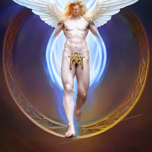 Image similar to the pale blond male angel of battle lucius wearing a white periwinkle, sci fi, glowing eyes, volumetric lights, gold theme, art nouveau botanicals, intricate, highly detailed, digital painting, artstation, concept art, smooth, sharp focus, cinematic, illustration, beautiful face, art by artgerm and greg rutkowski and alphonse mucha