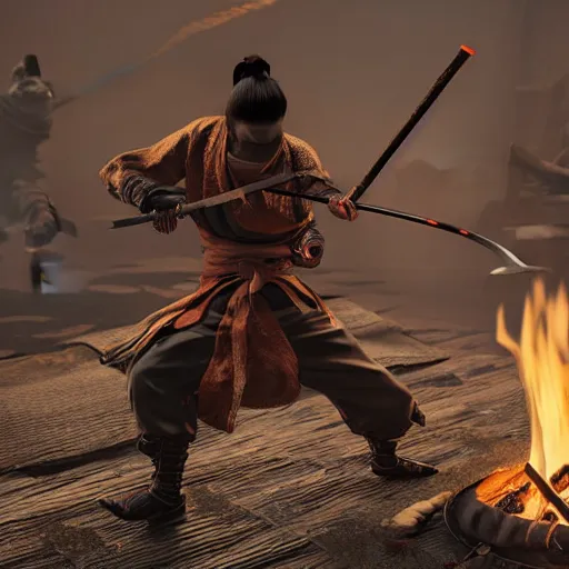 Prompt: japanese ninja boss inspired from sekiro shadows die twice near a camp fire, holding katana, evening time, digital illustration, crisp details, highly detailed art, 8k image quality, full body camera shot