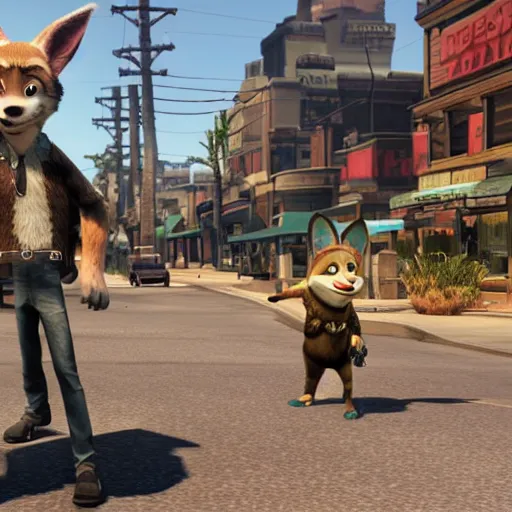 Prompt: Gameplay screenshot from the upcoming Rockstar Games release, Grand Theft Auto: Zootopia