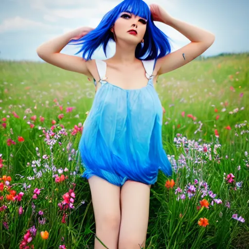 Image similar to anime girl with blue hair in a field of flowers