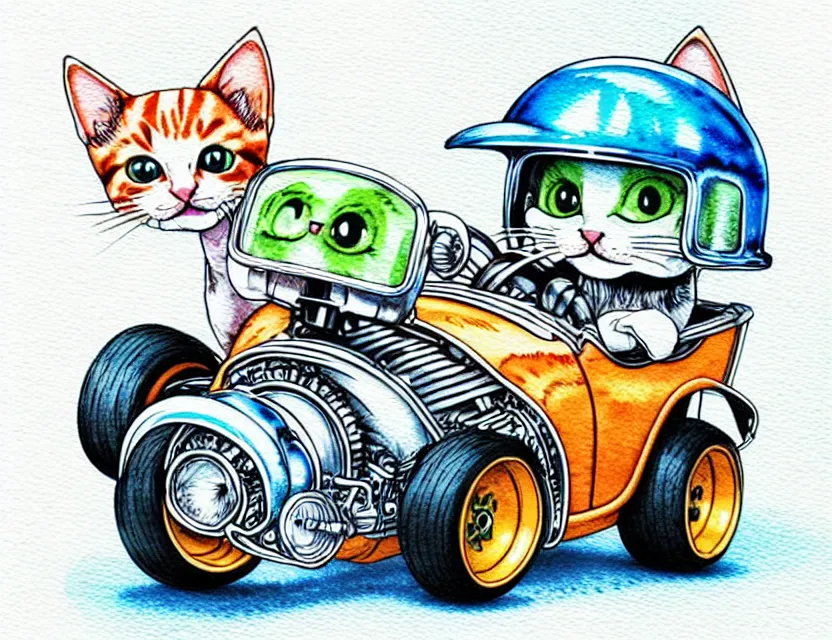 Image similar to cute and funny, kitten wearing a helmet riding in a tiny hot rod with oversized engine, ratfink style by ed roth, centered award winning watercolor pen illustration, isometric illustration by chihiro iwasaki, edited by range murata, tiny details by artgerm and watercolor girl, symmetrically isometrically centered