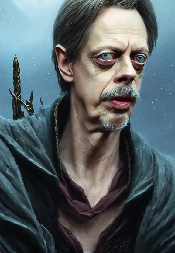 Image similar to highly detailed medium shot portrait of steve buscemi as a fantasy warlock, in skyrim, stephen bliss, unreal engine, fantasy art by greg rutkowski, loish, rhads, ferdinand knab, makoto shinkai and lois van baarle, ilya kuvshinov, rossdraws, tom bagshaw, global illumination, radiant light, detailed and intricate environment