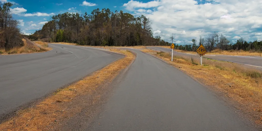 Prompt: wide angle shot of a road winding into distance, a road sign pointing down the road, abstract expressionism