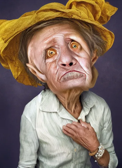 Image similar to an old woman with a weird look on her face, a surrealist painting by Martin Schoeller, shutterstock contest winner, pop surrealism, angelic photograph, stock photo, photoillustration