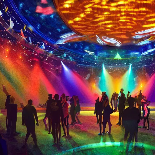 Image similar to cartoon, people communicating with each other in groups of ten, a large hall, dim painterly lighting volumetric aquatics, party