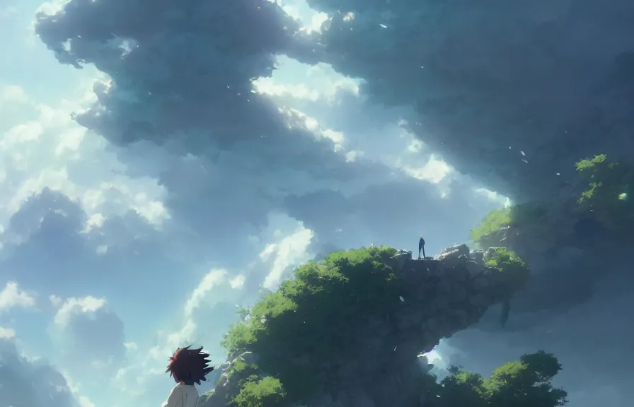 Image similar to makoto shinkai concept art of the cloud cliff dimension, key visual, ambient lighting, highly detailed, digital painting, artstation, concept art, sharp focus, by makoto shinkai and akihiko yoshida and hidari and wlop and greg rutkowski