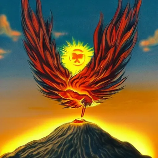 Prompt: a phoenix rising above the clouds with a fiery sun burning all around it brightly lit.