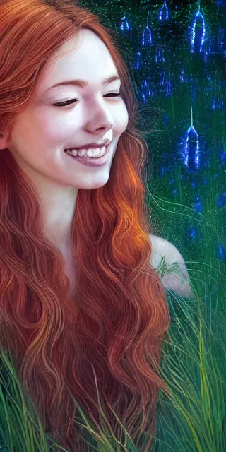 Prompt: infp young woman, smiling, amazed by golden fireflies lights, sitting in the midst of nature fully covered, long loose red hair, intricate linework, green eyes, small nose with freckles, oval shape face, realistic, expressive emotions, dramatic lights mystical scene, hyper realistic ultrafine art by michael cheval, jessica rossier, artgerm