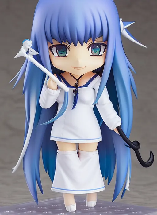 Image similar to nendoroid anime beautiful female witch, very long blue hair, detailed green eyes, pretty symmetrical face, fullbody, white robes blue skirt, anime, nendoroid,