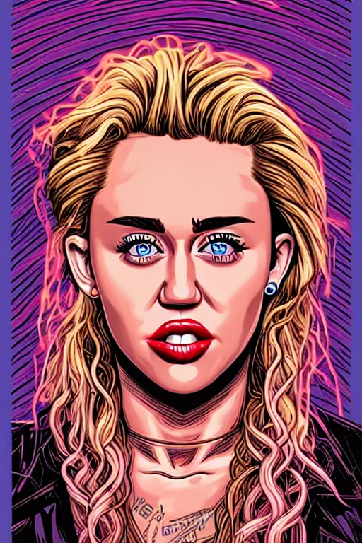 Image similar to a portrait of miley cyrus with long hair, drawn by robbie trevino and dan mumford, poster, digital art, comic art, concept art,, single head, no double head,