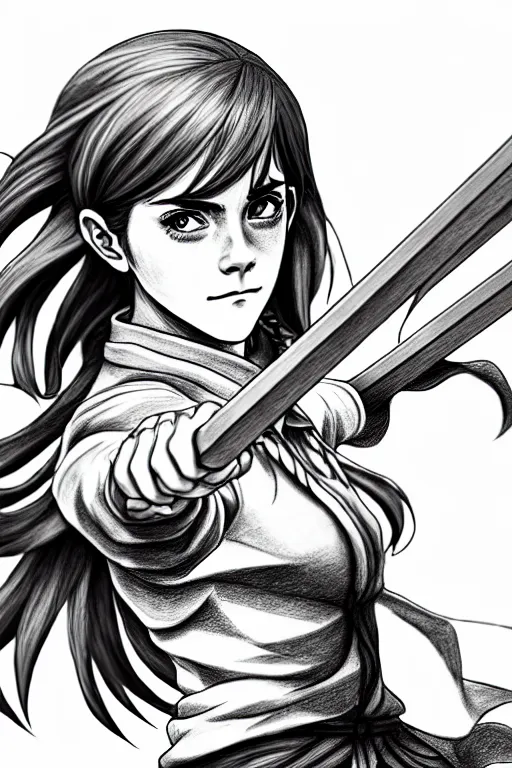 Image similar to a very detailed pencil drawing of emma watson in demon slayer manga panel 4 k, high resolution, dynamic pose, landscape, hd, full body, action, sword, hyper realistic, manga, koyoharu gotouge,