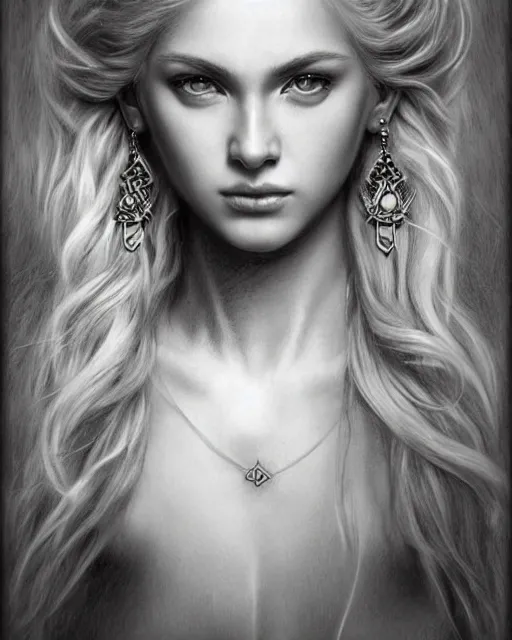 Image similar to pencil drawing of a beautiful greek goddess aphrodite with arrowhead earrings, beautiful piercing eyes, beautiful blonde hair, hyper realistic face, in the style of greg rutkowski, fantasy, amazing detail, epic, elegant, smooth, sharp focus, from the front