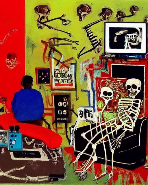 Prompt: oil neo expressionism painting of skull skeleton playing console video games infront of tv by basquiat and norman rockwell