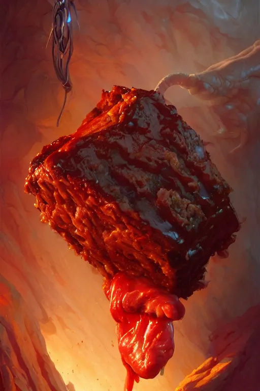 Prompt: meatloaf inside a meat loaf, hyper detailed, digital art, artstation, cinematic lighting, studio quality, smooth render, by peter mohrbacher, hajime sorayama, wayne barlowe, boris vallejo, aaron horkey, gaston bussiere, craig mullins, caravaggio