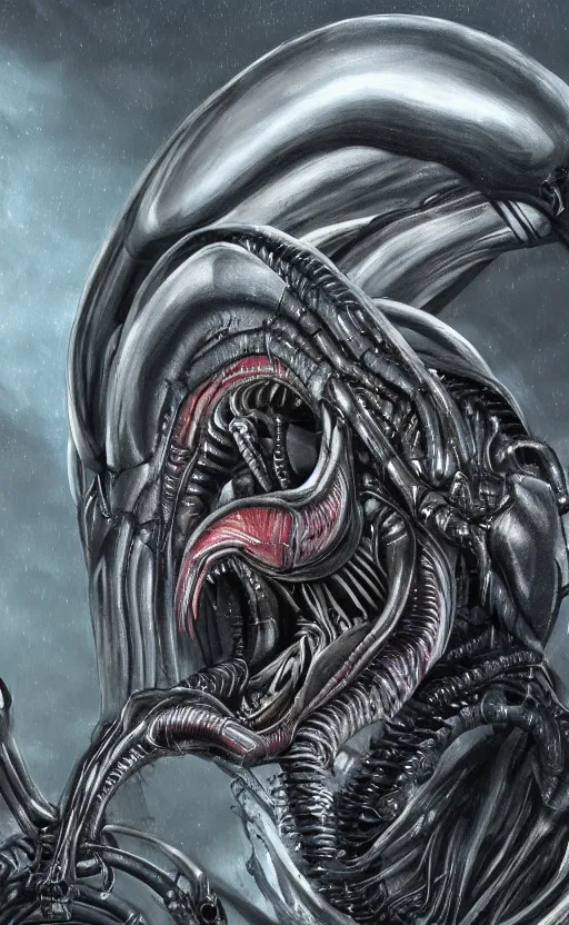 Image similar to portrait of xenomorph, hr giger, 8 k, fantasy, dark, highly detailed