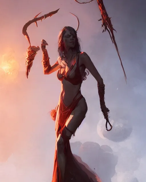 Image similar to hyper realistic photo of seductive sorceress, full body, cinematic, artstation, cgsociety, greg rutkowski, james gurney, mignola, craig mullins, brom