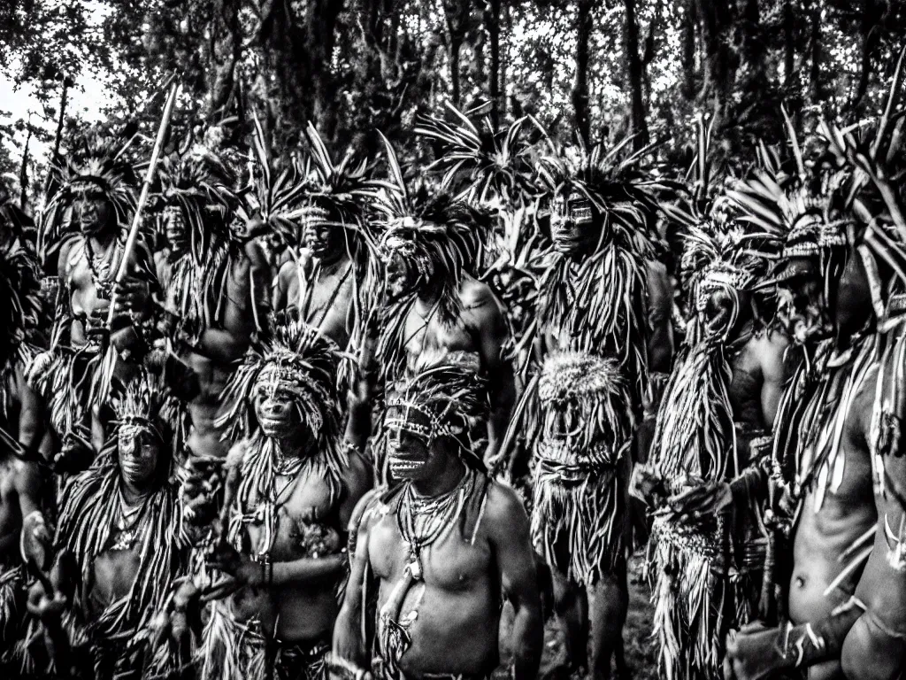 Image similar to cinematic, film grain, 3 5 mm, photography, midnight, ancient baluba tribe ceremony, shamans wearing fearsome tribal ancestors masks, emerging from dark woods, drummer, tribal dancers, transe, fire, congo, luba tribe