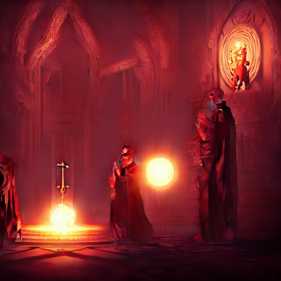 Image similar to an occult priest performs demonic ritual with magic and a glowing sigil in a fantastic temple, volumetric lighting, magical lighting, raytracing, dynamic lights and shadows, photorealistic render, digital art, wallpaper, octane, redshift, hyperdetailed, intricate details