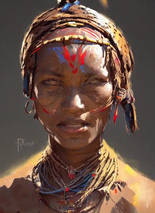 Prompt: A painting of a tribal woman, trending on artstation in the style of Greg Rutkowski