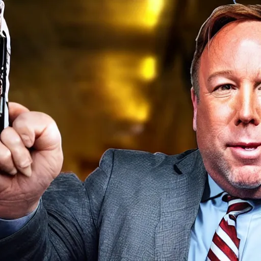 Image similar to alex jones shows off his anime collection.