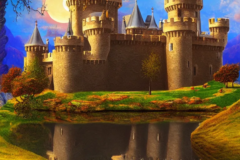 Image similar to castle, fantasy, painting, chrome, reflect, ultra realistic!!!, clear weather, golden hour, sharp focus