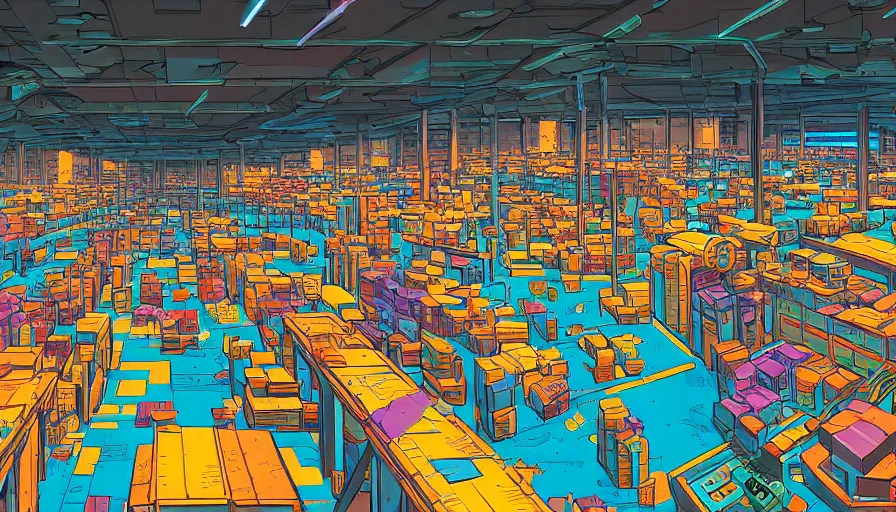 Prompt: a warehouse with huge shelves in which stacks of paper are stored, video game vector cutout illustration vivid multicolor borderlands comics by josan gonzales and dan mumford radiating a glowing aura