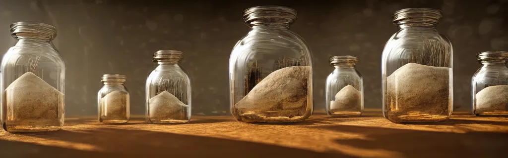 Prompt: scottish landscape inside a glass jars!! hourglass intricate detail volumetric lighting epic composition hyper detailed ultra realistic sharp focus oc